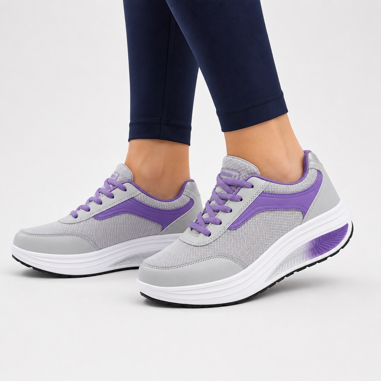 Wave Orthopedic Sole Walking Shoes For Women Colour Grey Purple Model Wearing