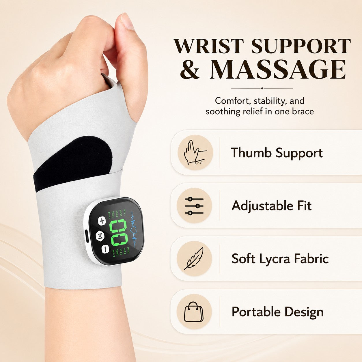 Wrist support and massage: thumb support, adjustable fit
