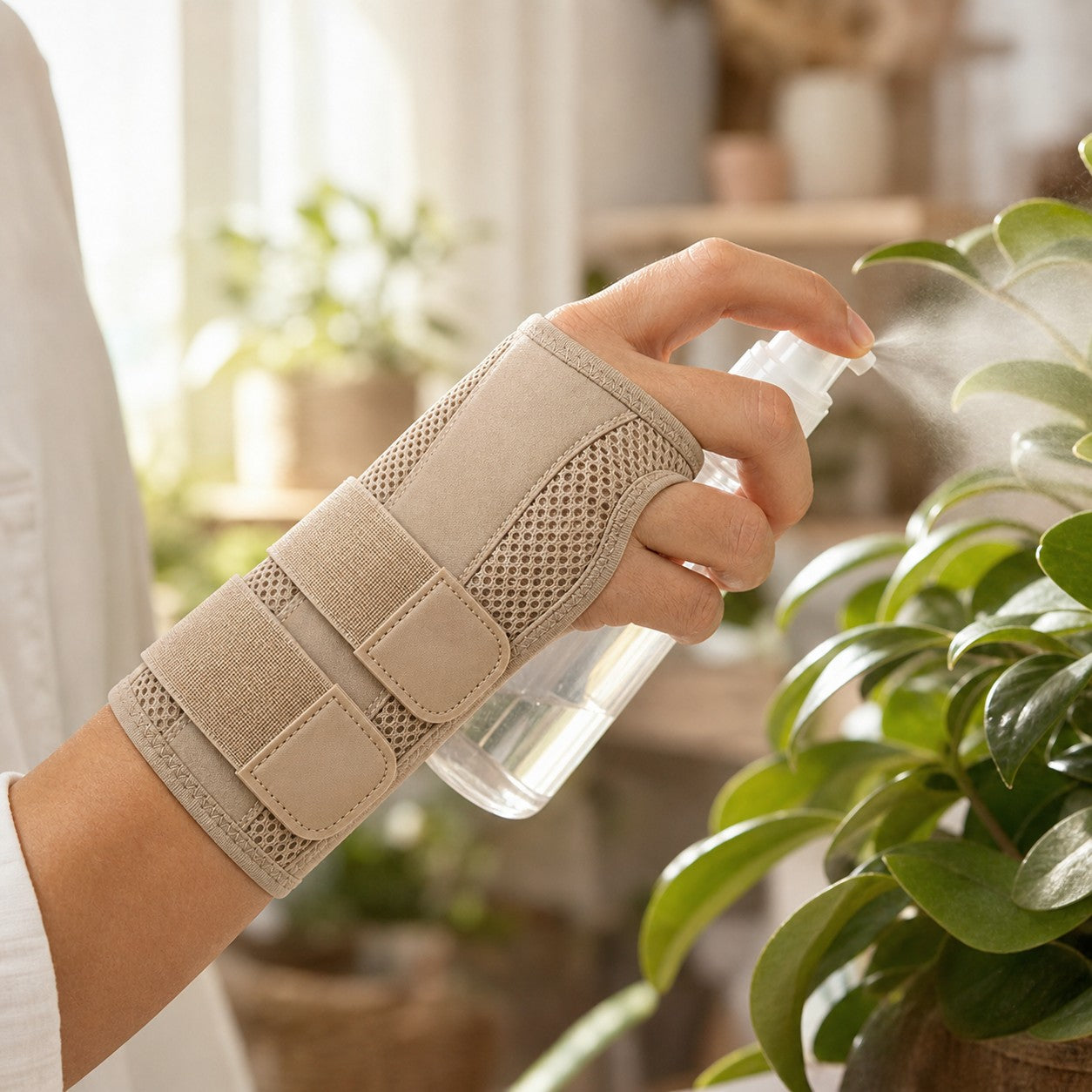 Close-up wearing the beige WristGuard wrist and thumb support brace