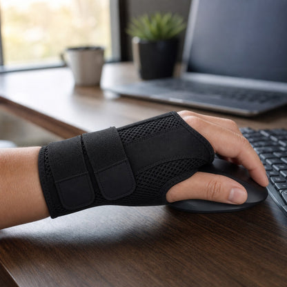 Close-up wearing the black WristGuard wrist and thumb support brace