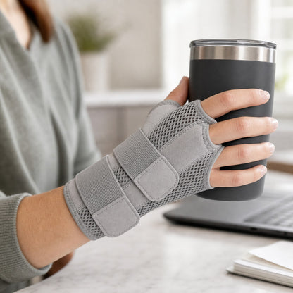 Close-up wearing the gray WristGuard wrist and thumb support brace