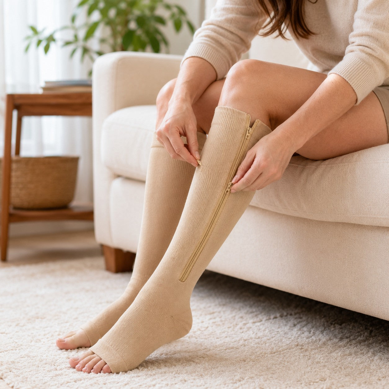 Beige zipper compression socks for women