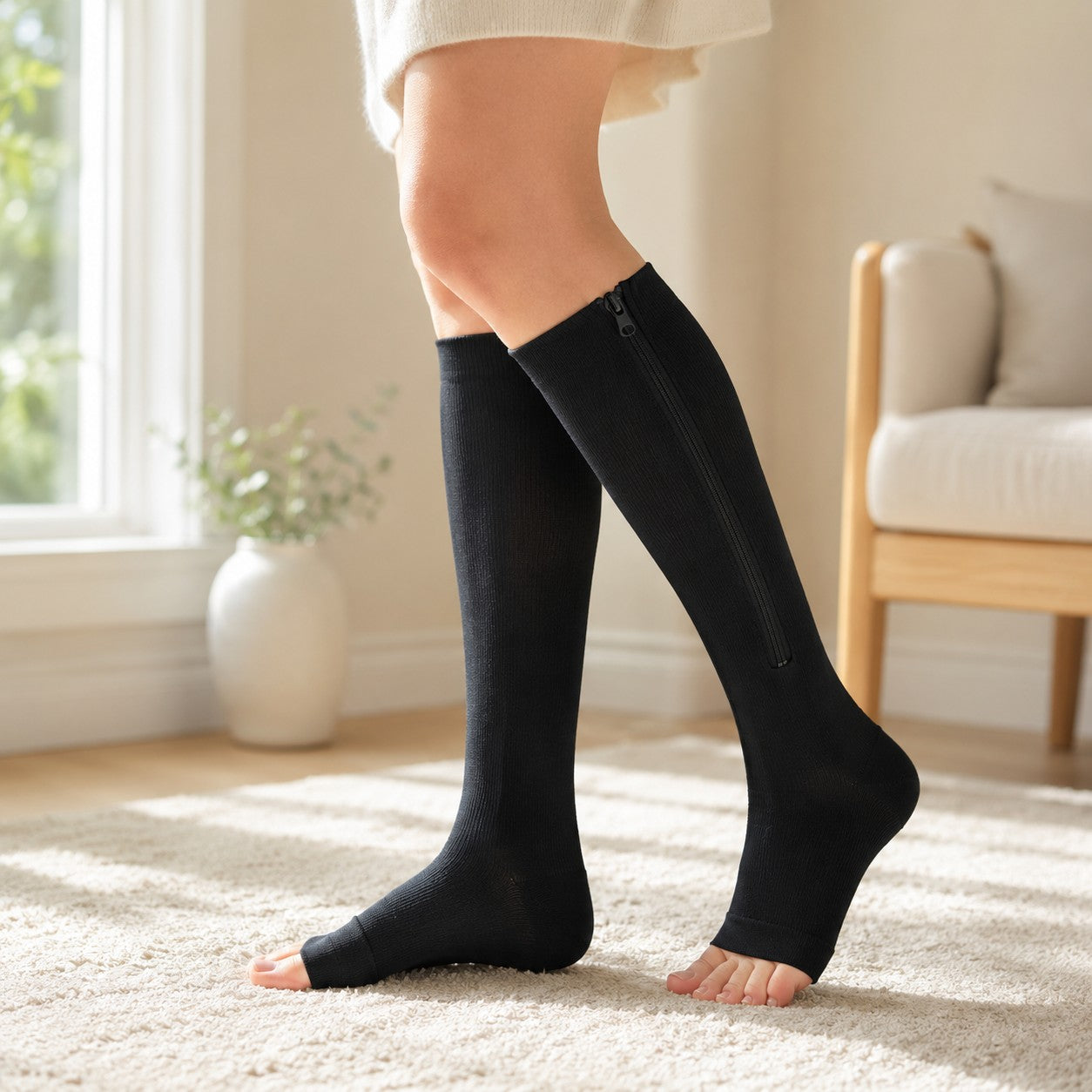 Black compression socks worn indoors lifestyle