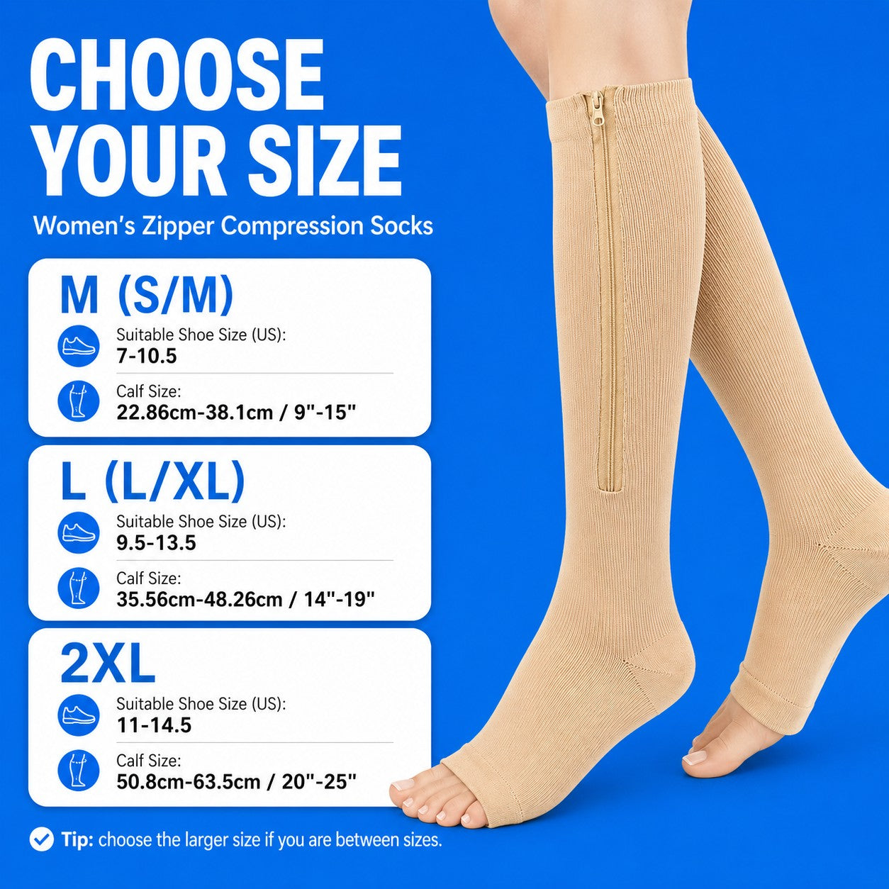 Zipper compression socks size chart