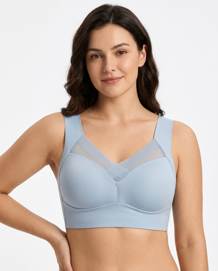 Zora Mesh V Neck Wirefree Bra Light Blue Model Front