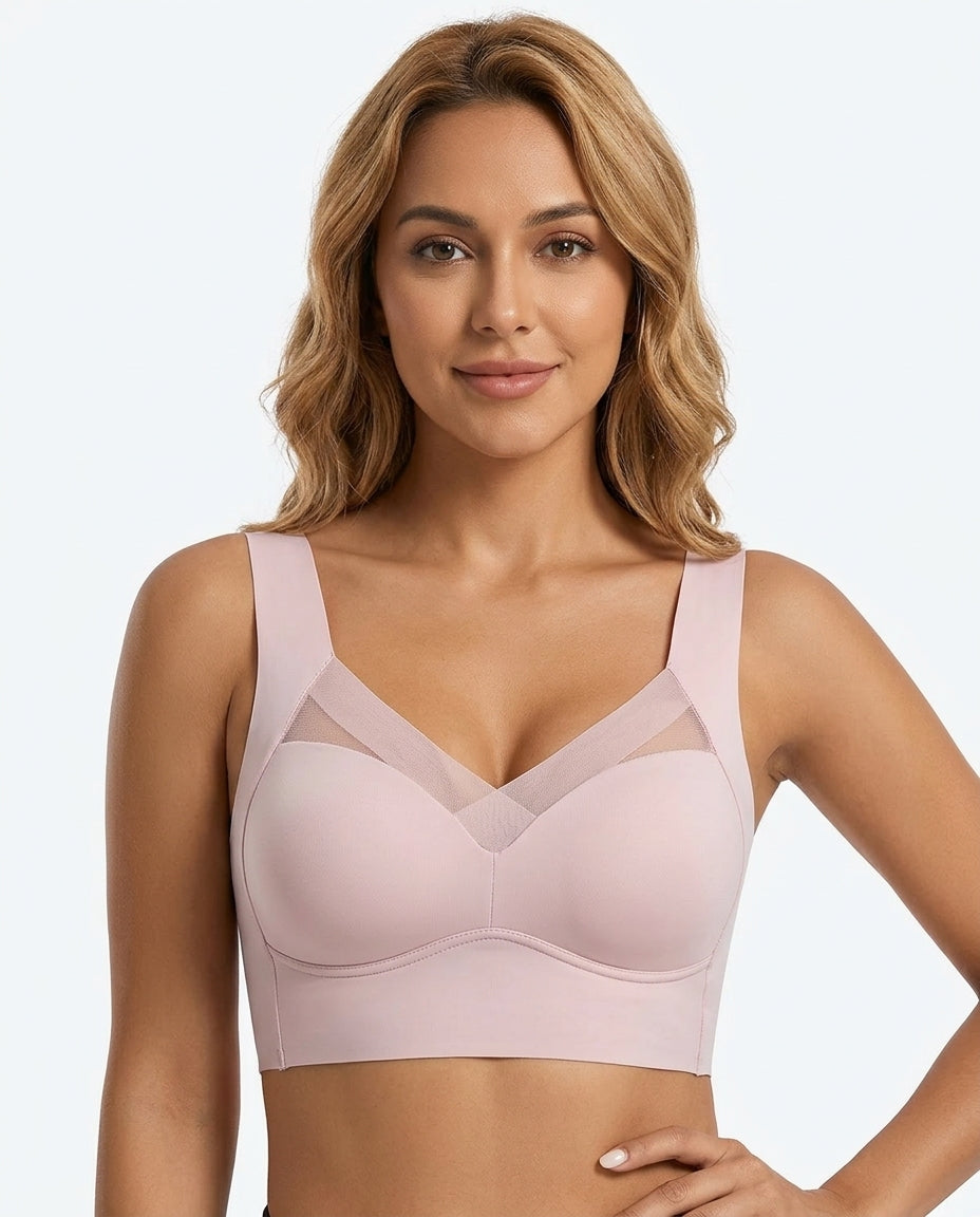 Zora Mesh V Neck Wirefree Bra Pink Model Front