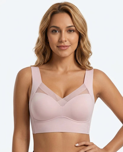 Zora Mesh V Neck Wirefree Bra Pink Model Front