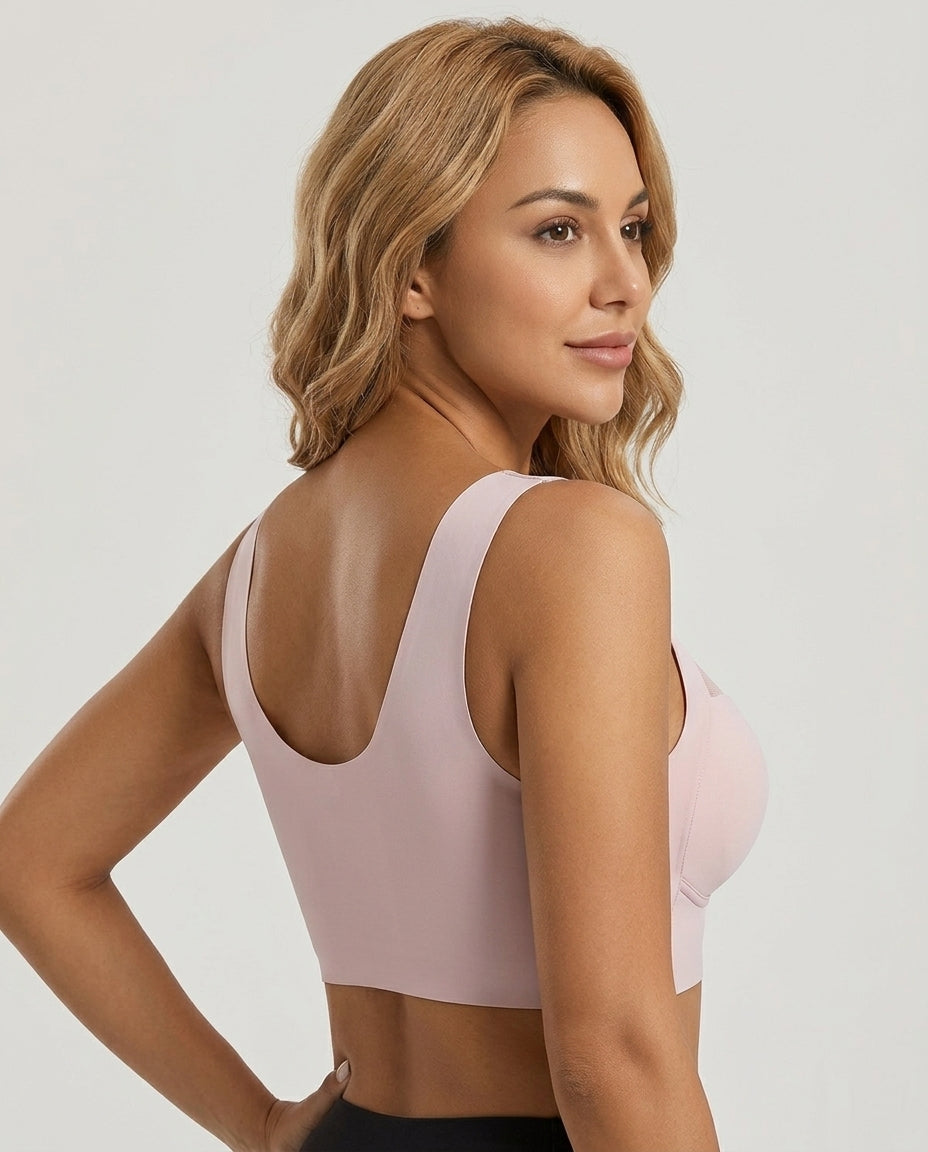 Zora Mesh V Neck Wirefree Bra Pink U Back View
